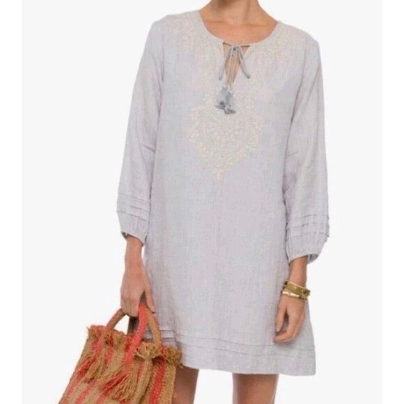 Roller Rabbit Gray Embroidered 100% Linen Shift Dress Lagenlook Boho Size Large - Picture 1 of 7